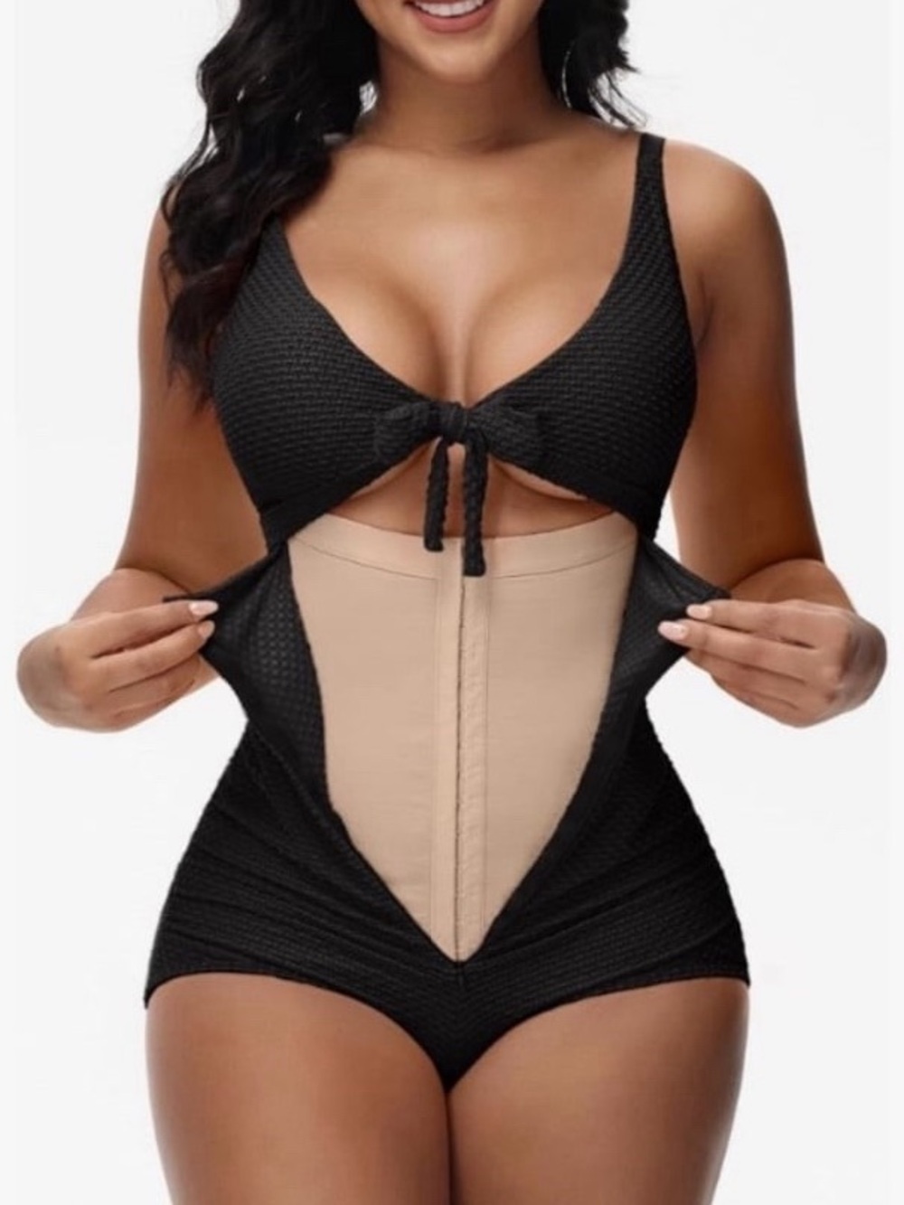 Black Tie-Front One-Piece Swimsuit with Nude Waist Panel